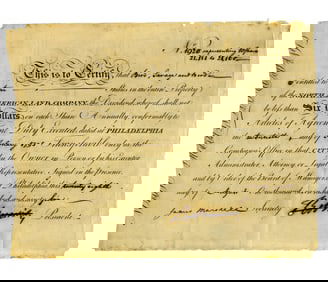 Robert Morris Signed Stock Certificate 3 Years Before Debtor’s Prison