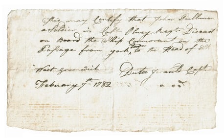 Revolutionary War Battle of Yorktown Soldier's Death Certificate Aboard the Ship Cormorant