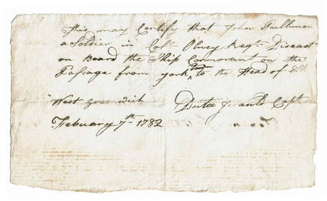 Revolutionary War Battle of Yorktown Soldier's Death Certificate Aboard the Ship Cormorant (1 of 2)