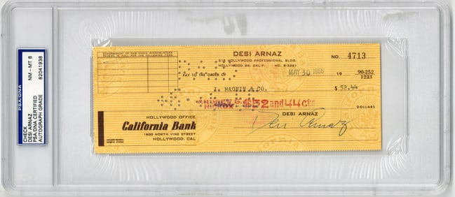 Desi Arnaz Signed Check, PSA/DNA NM-MT 8