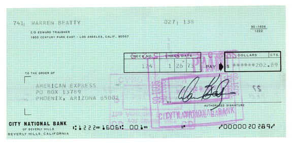 Warren Beatty Signed Check