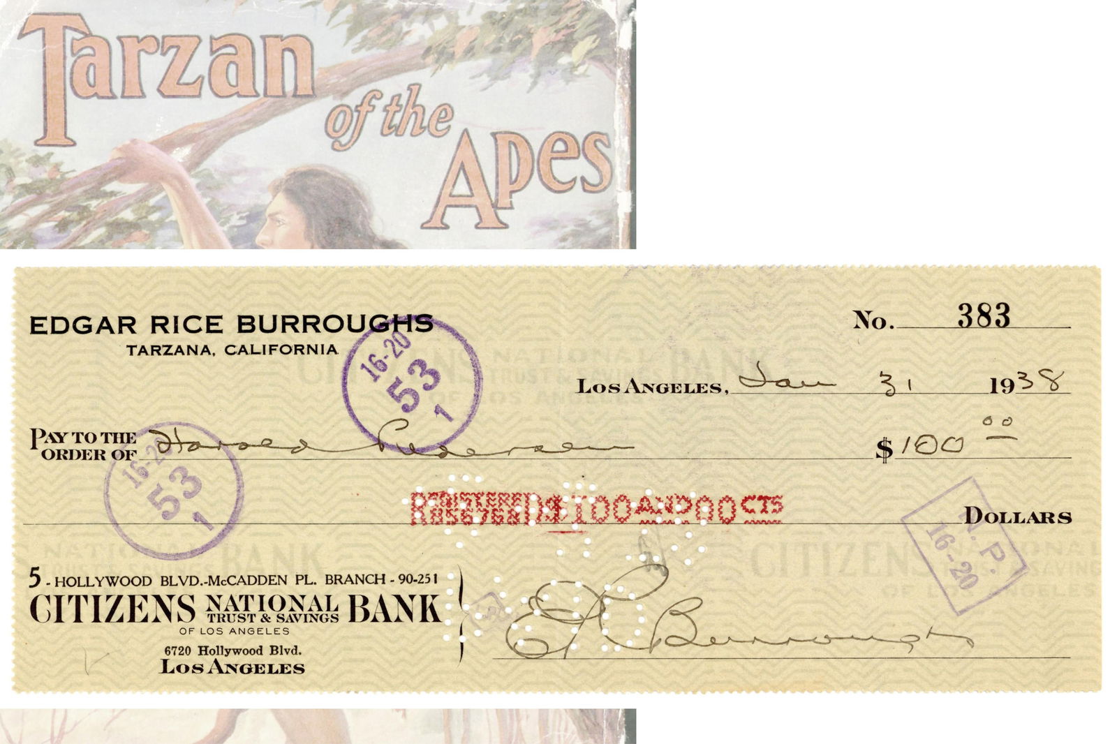 Edgar Rice Burroughs "Tarzan" Author Signed Check to Member of "Burroughs Bibliophiles" (1 of 3)