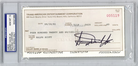 Sammy Davis, Jr. Signed Check, PSA/DNA GEM MT 10