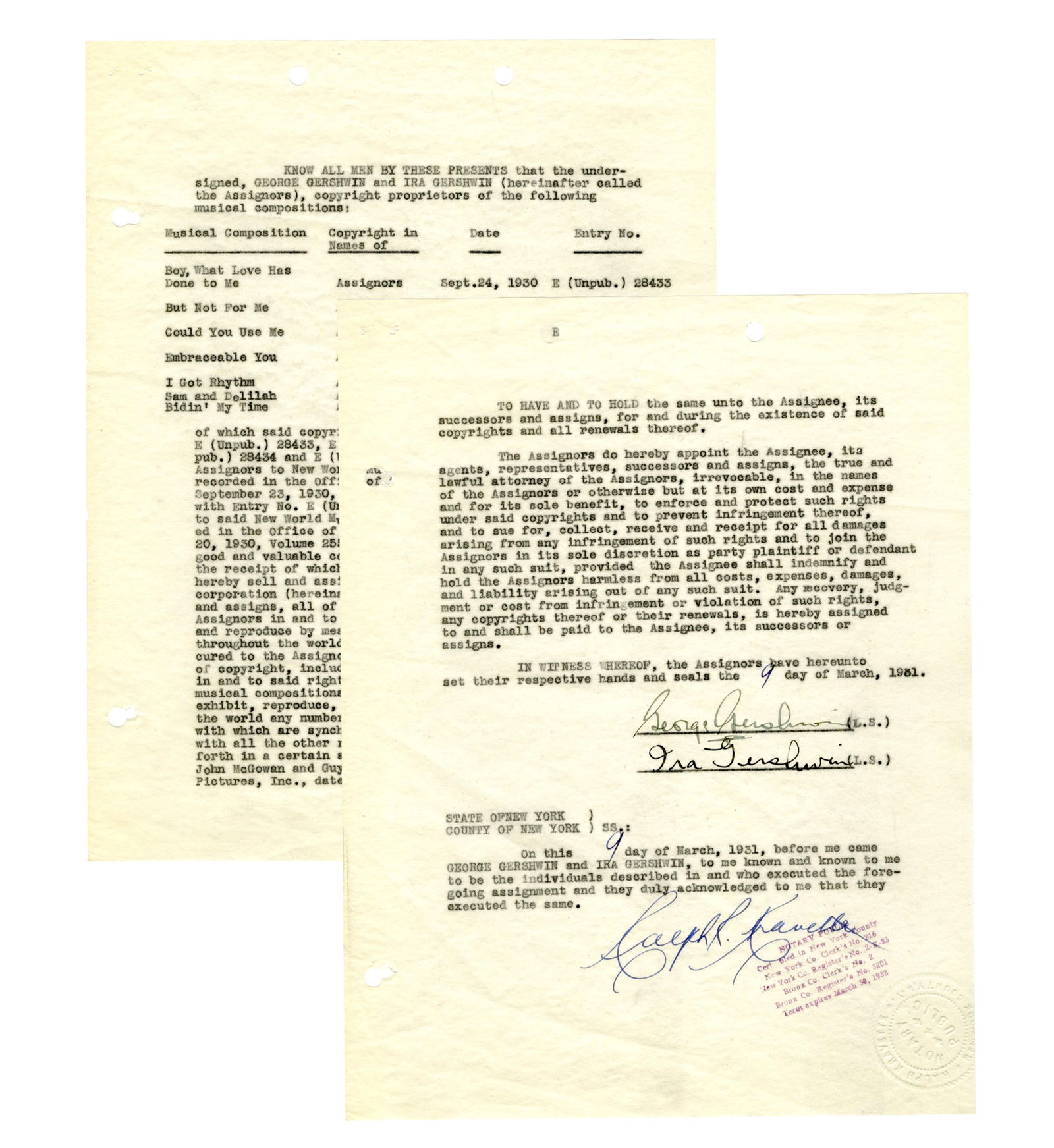 George & Ira Gershwin Signed Contract for 7 Songs from "Girl Crazy", One of the Duo's Best Scores (1 of 4)