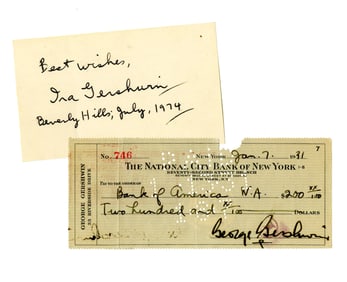 Ira & George Gershwin Signed Notecard and Check