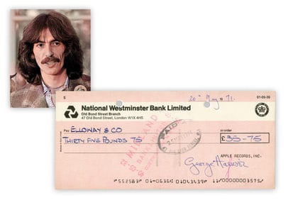 George Harrison Signed Apple Records Bank Check, Expert Provenance!