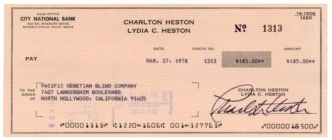 Charlton Heston Signed Check - Ben Hur & Ten Commandments Star