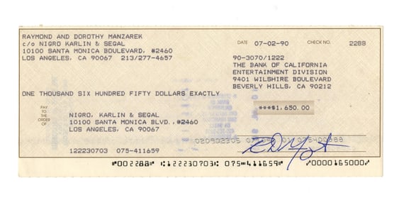 The Doors Ray Manzarek Signed Check to Management Firm