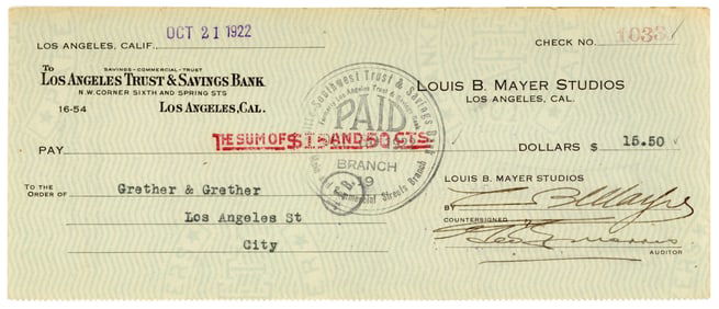 Louis B. Mayer Signed Check