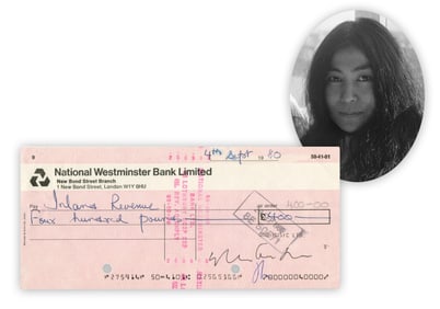 Yoko Ono Lennon Signed "Ono Music Ltd." Check, 4 Months Before John's Death