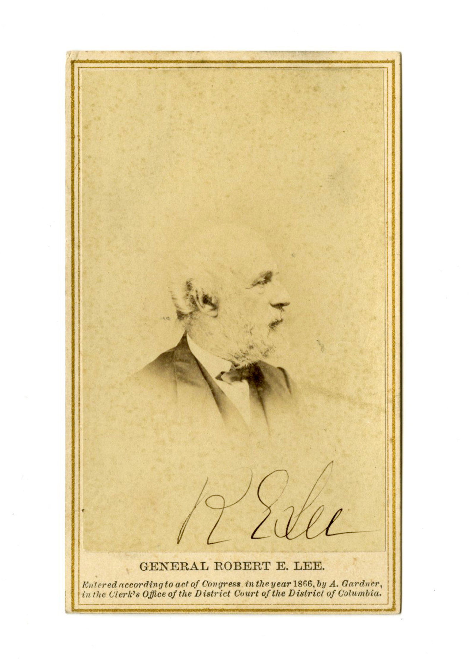 Robert E. Lee Boldly Signed Alexander Gardner Carte-de-Visite: Robert E. LeeWashington, DC, ca. 1866Robert E. Lee Boldly Signed Alexander Gardner Carte-de-VisiteSigned CDVRobert E. Lee (1807-1870). Measuring 2.25" x 4", Washington, D.C., dated 1866. A c