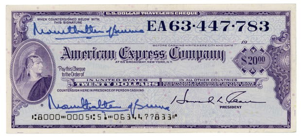 The Earl Mountbatten of Burma Twice Signed Travelers Cheque