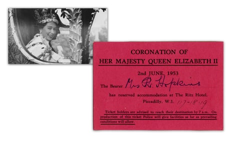 Elizabeth II Coronation Ritz Hotel Ticket - Fun Association With V-E Day Royal Escape to Ritz Hotel