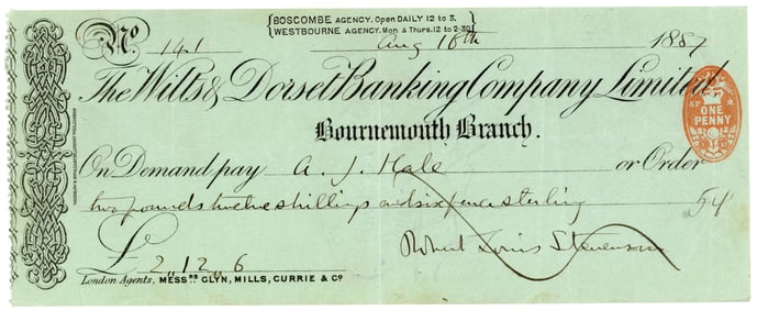 Robert Louis Stevenson Hand Written & Signed Check, Year He Wrote "Underwoods" and "Memories and