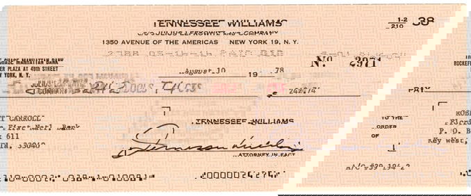 Tennessee Williams Signed Check To Lover, Year He Wrote "The World of Tennessee Williams"