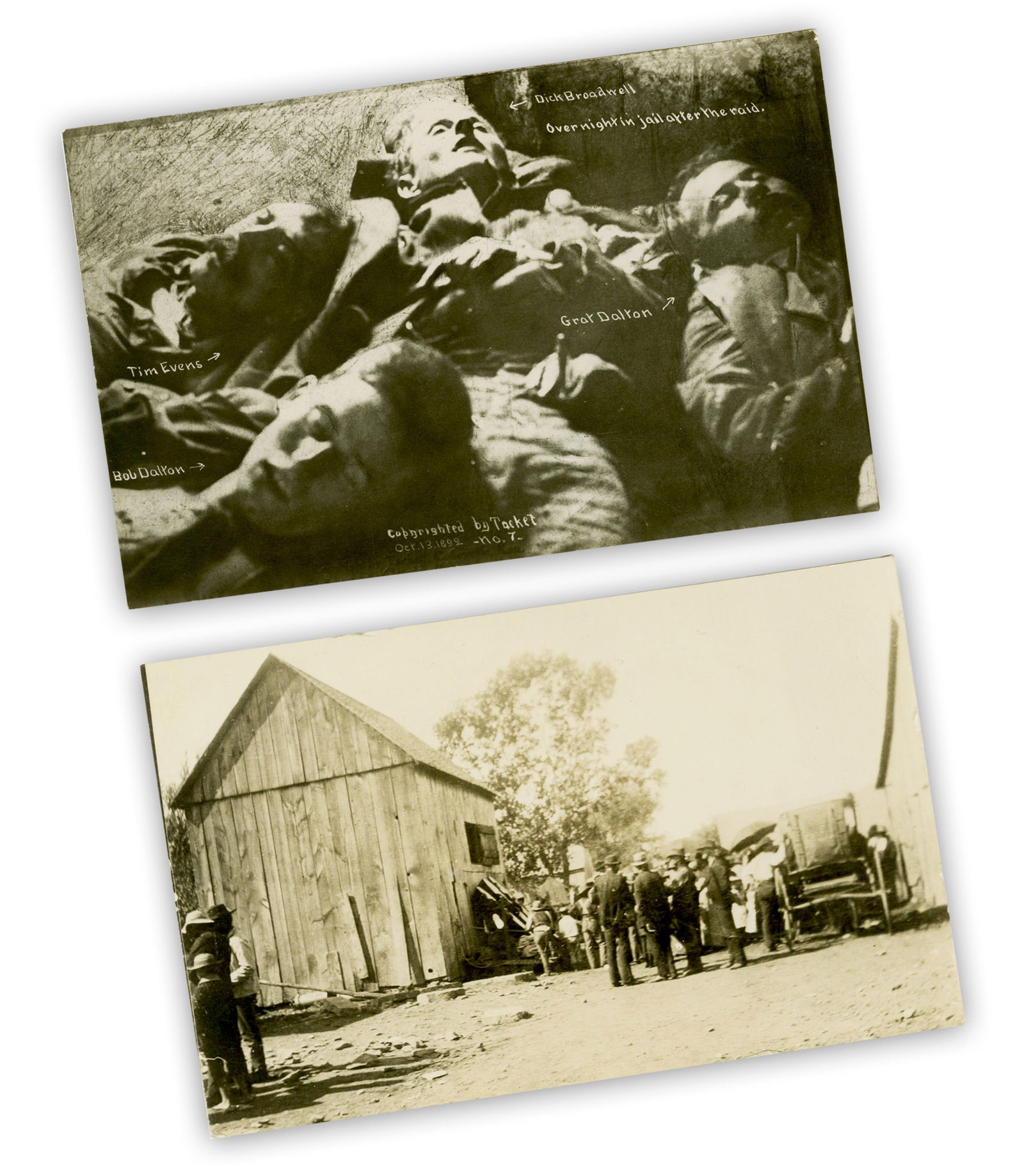 [Dalton Gang] (2) Real Photo PC of Coffeyville Robbery Aftermath by Old West Photographer John: Dalton GangCoffeyville, KS, ca. 1892[Dalton Gang] (2) Real Photo PC of Coffeyville Robbery Aftermath by Old West Photographer John TackettPhotographA pair of real photo postcards captured by Coffeyvil