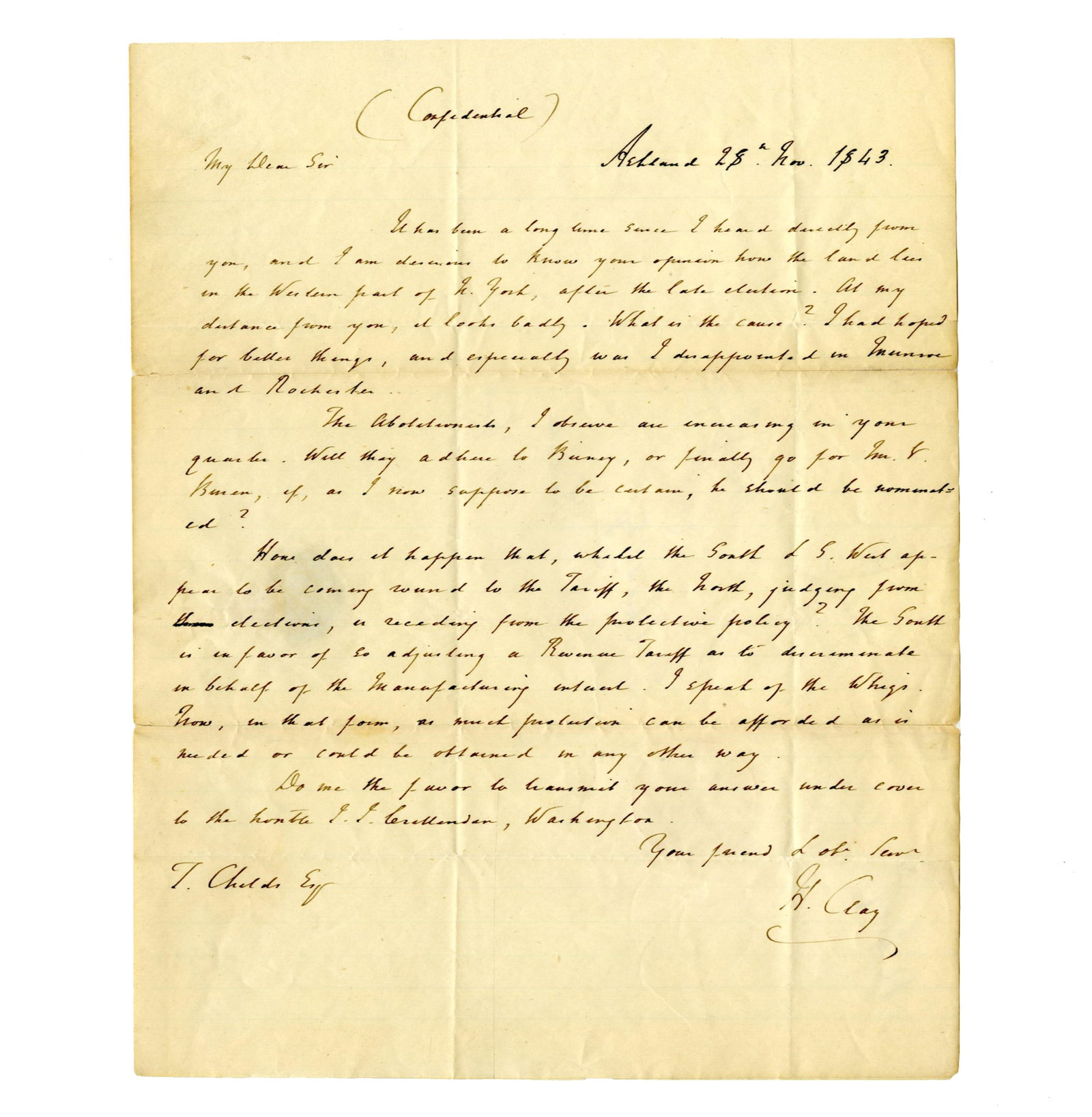 Henry Clay ALS & Free Frank on NY, Tariffs, and Upcoming 1844 Election, Timely! (1 of 4)