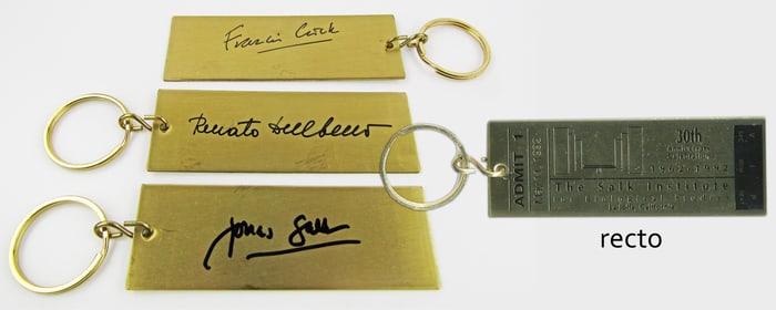 30th Salk Institute Souvenir Brass Keychains Signed By Salk, Crick & Delbecco
