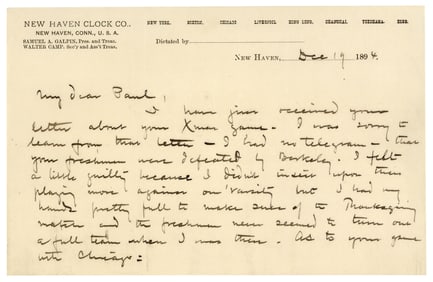 Walter Camp "Father of Football" Letter, Refers to First Intersectional Game, PSA/DNA