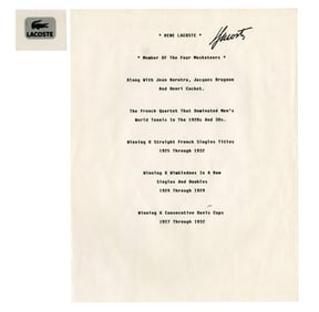 Tennis Legend Rene Lacoste Signed Page of Career Highlights