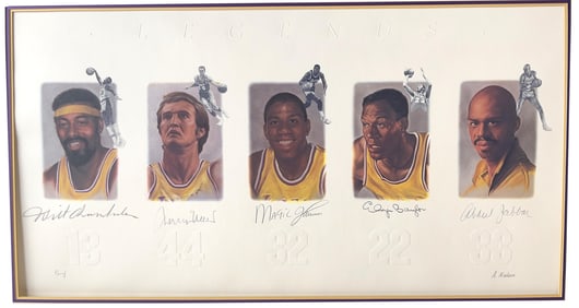 Magic, Kareem, & 3 More Lakers Legends Huge Signed Lithograph, PSA/DNA