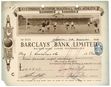 Early Tottenham Hotspur Football Club Signed Check, 1929