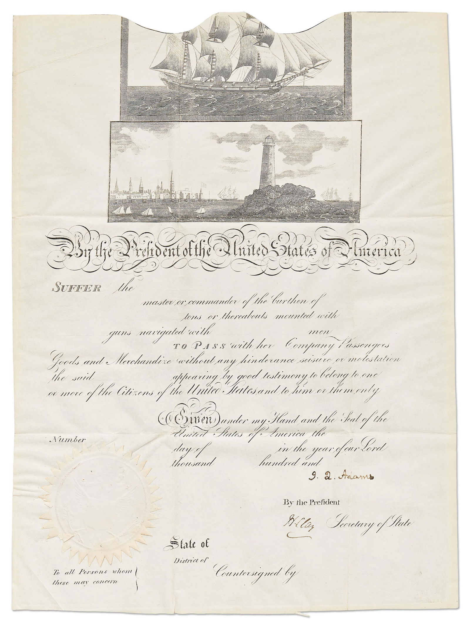 J.Q. Adams Blank Ship's Passport Signed as President