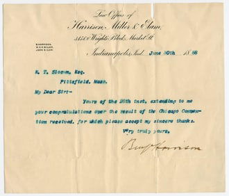 Benjamin Harrison TLS Less Than 1 Week After Securing Republican Presidential Nomination Thanking MA