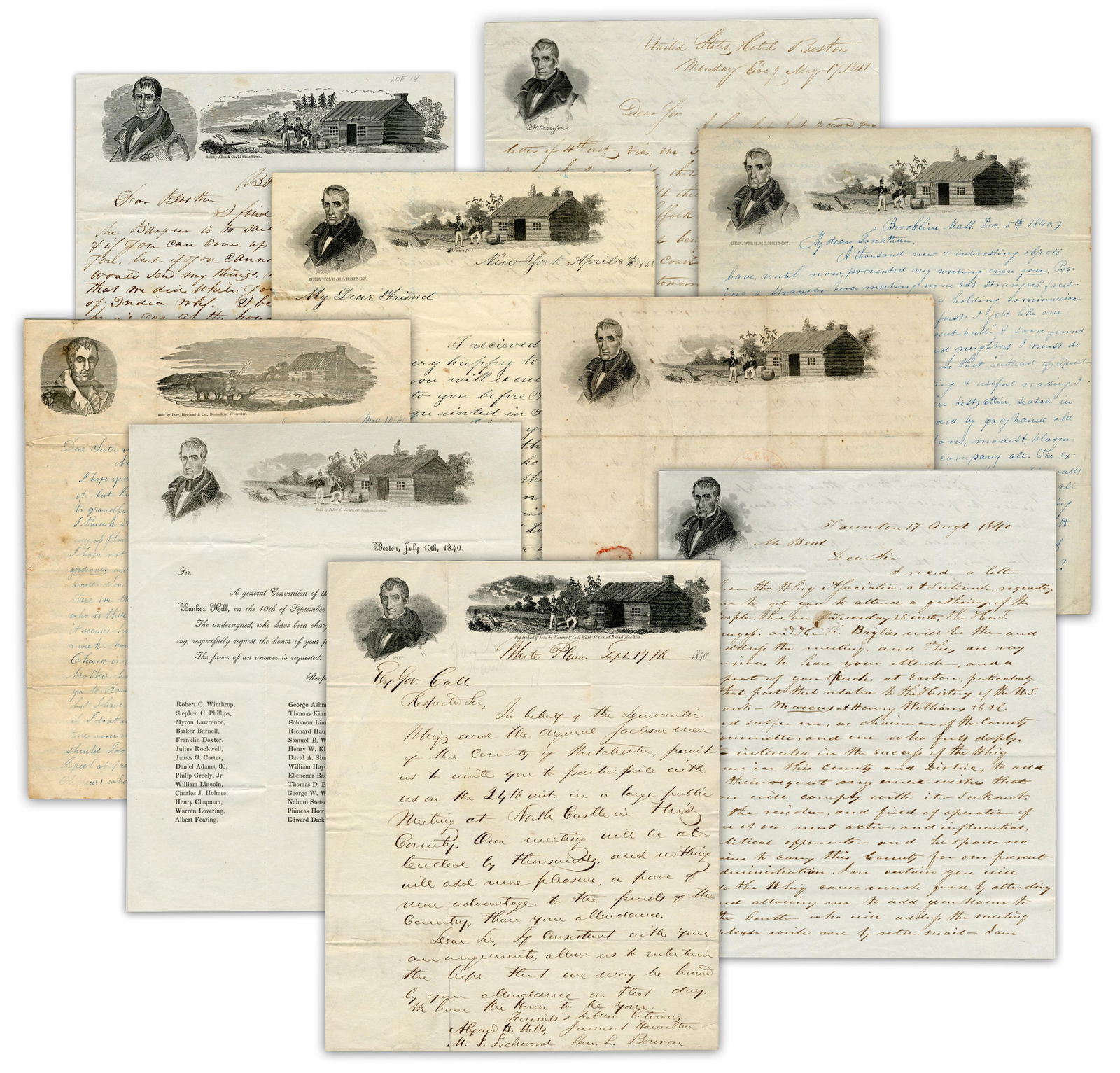 (9) Pcs, William H. Harrison Campaign Stationery, Majority Featuring Log Cabin & Hard Cider Imagery (1 of 11)