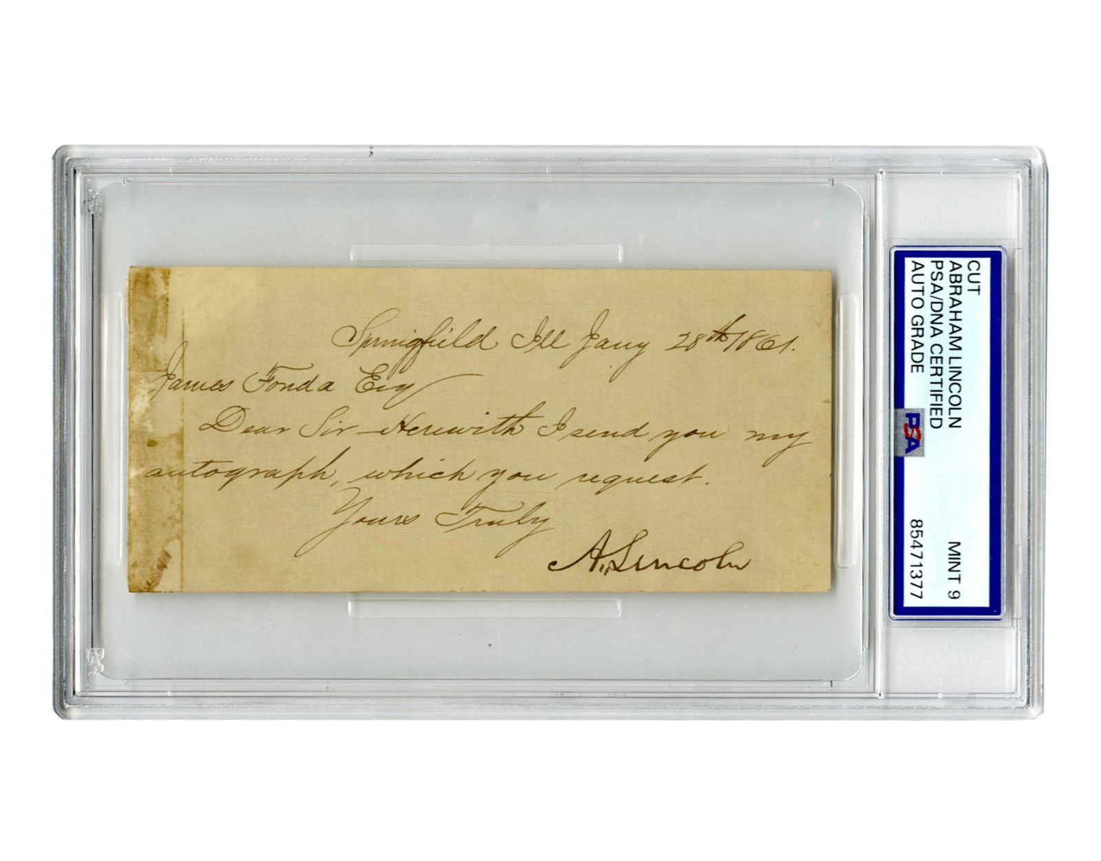 Lincoln Signed Autograph Request Note, PSA MINT 9 Encapsulated (1 of 5)