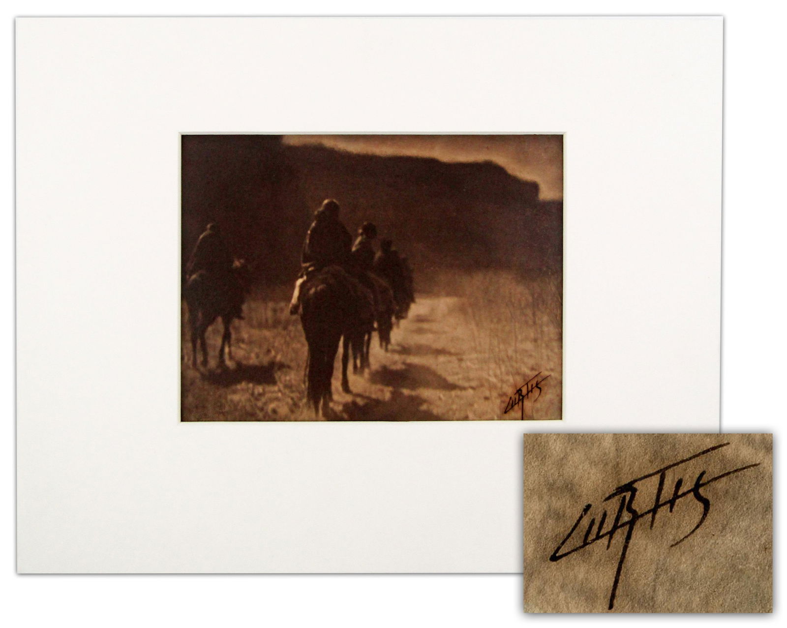 Edward S. Curtis Signed Platinum Print, "The Vanishing Race - Navaho": Edward S. Curtisn.p., ca. 1904Edward S. Curtis Signed Platinum Print, "The Vanishing Race - Navaho"SPAn original platinum print photograph by Edward Sheriff Curtis (1868-1952) boldly signed
