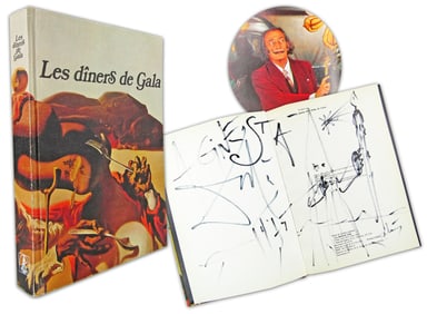 Salvador Dali Huge Signature & Original Drawing In Mind-Bending Cookbook!