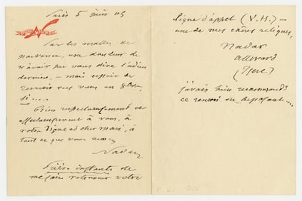 Nadar 2x Signed ALS Re: Victor Hugo Autograph, "one of my dear relics"