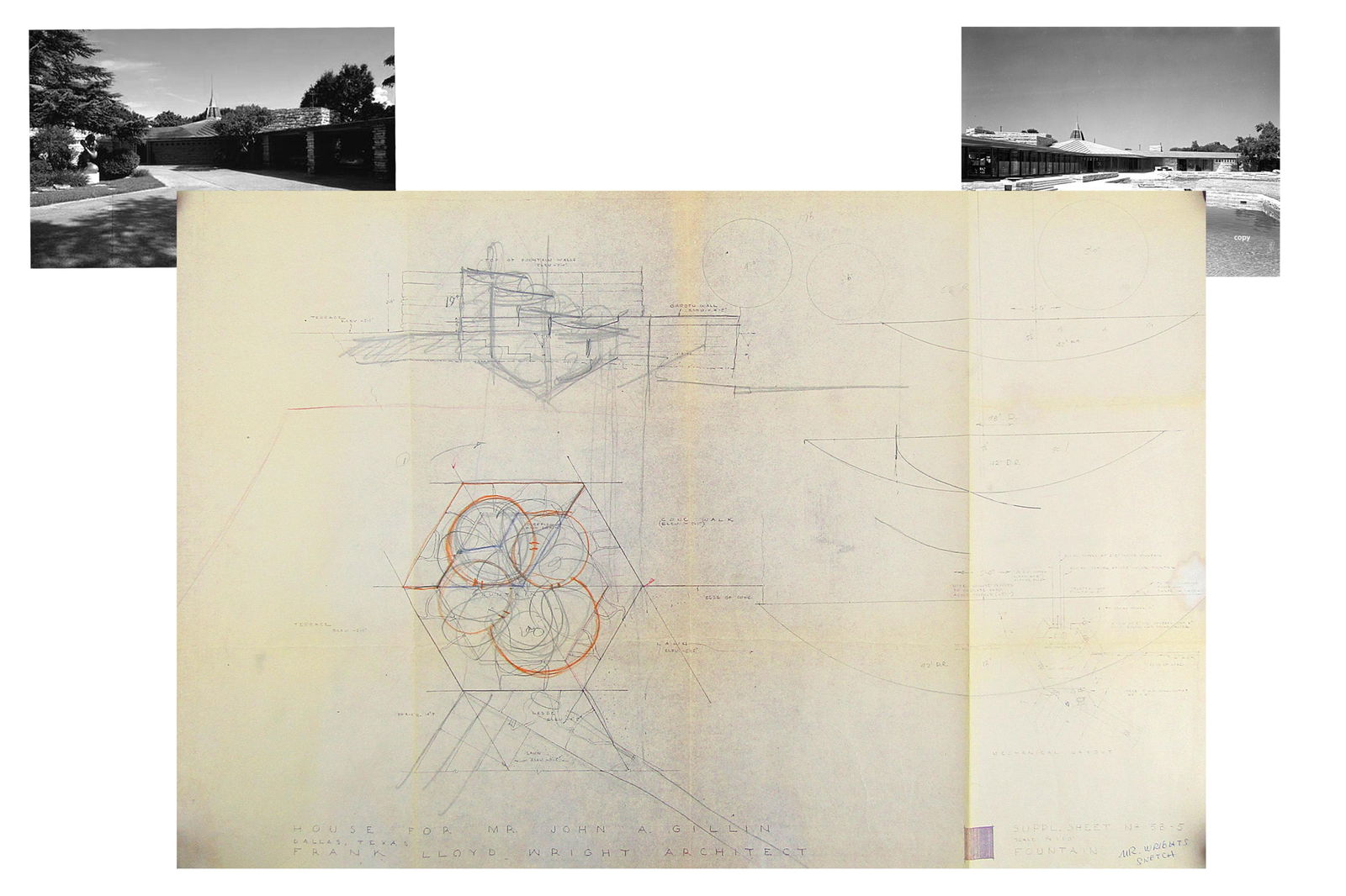 Frank Lloyd Wright Sketch For John A. Gillin House, Annotated in Wright's Hand (1 of 5)