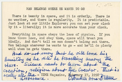 Wernher von Braun 35+ Word ANS Appended to "Times" Quote: "Man belongs wherever he wants to go - and