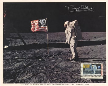 Great Buzz Aldrin Signed Lunar Surface Photo with Flag - Iconic Apollo XI Image!