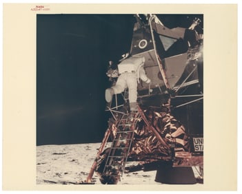 Apollo 11 Aldrin Descending the LM Stairs, NASA Red Number Photograph