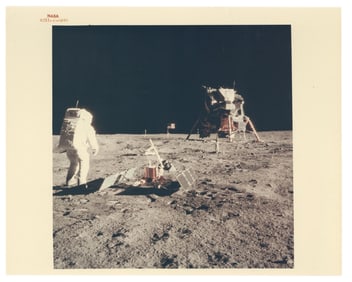 Apollo 11 Aldrin Performing Seismic Experiment on Moon, NASA Red Number Photograph