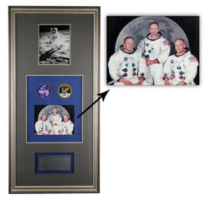 Framed Apollo 11 Photo Collage Signed by Armstrong, Collins & Aldrin