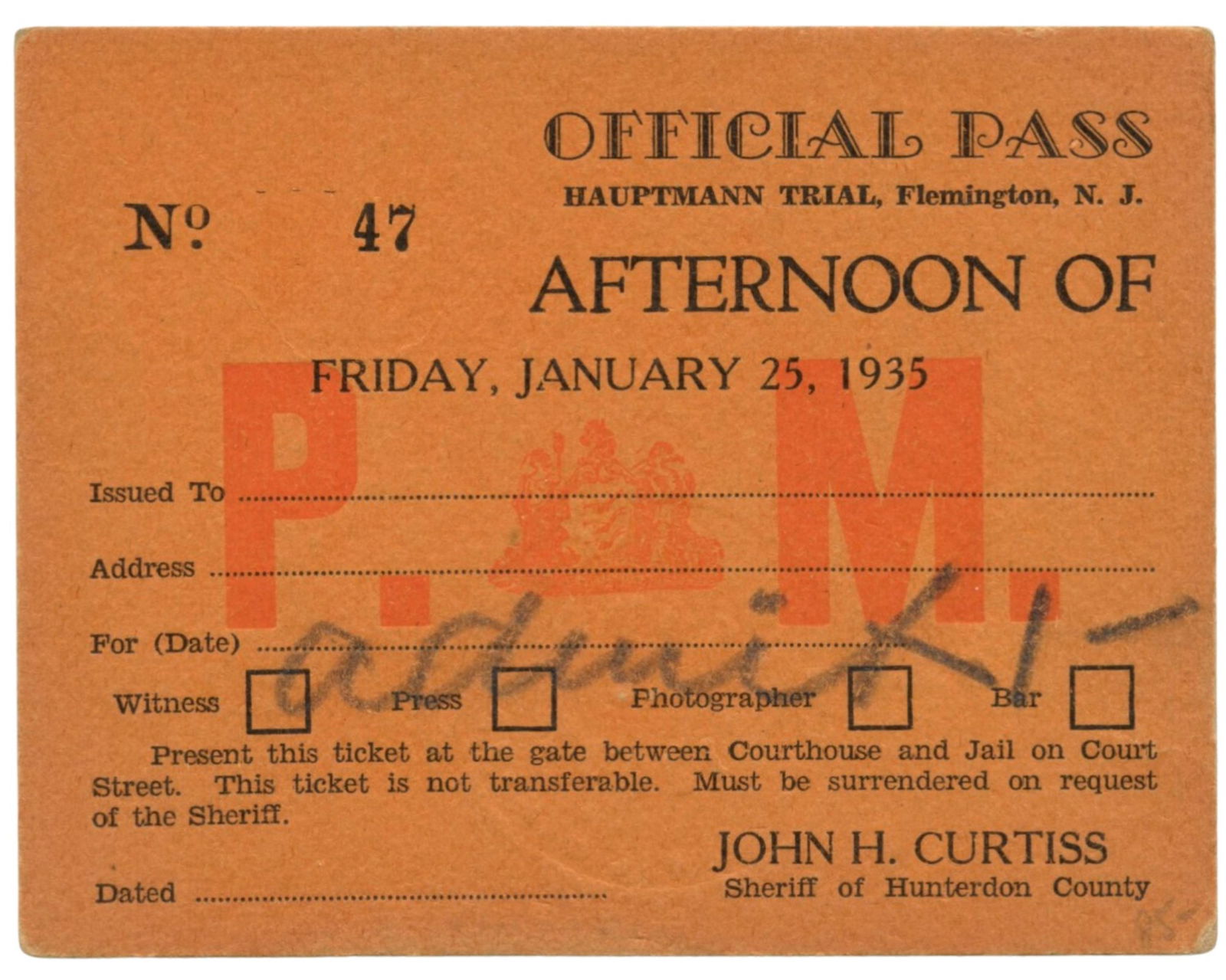 Lindbergh Baby Kidnapping Trial Ticket! The Trial of the Century! An Extreme Rarity in this Format! (1 of 1)