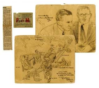 Lindbergh Kidnapping: 2 Original Courtroom Sketches by L. Pierre Bottemer & Pass to the Hauptmann