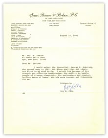 Roy M. Cohn TLS on Reporter Who Introduced Him to McCarthy, Praises His "…staunch and