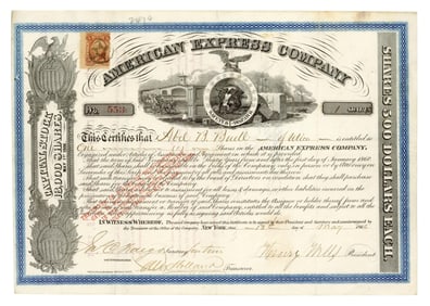 Henry Wells & William Fargo Signed 1866 American Express Stock with Uncommon Non-Cancelled