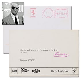 Enzo Ferrari 1977 Signed Postcard With Ferrari Stamp