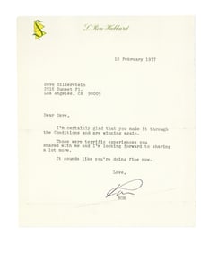 L. Ron Hubbard TLS on Scientology Letterhead - Congratulates Follower on His Progress