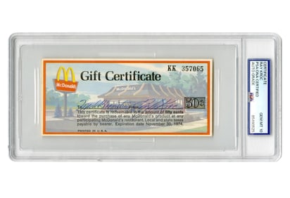 Ray Kroc Signed Sought-After McDonald's Gift Certificate, PSA Graded GEM MT 10