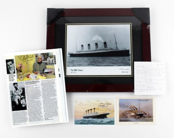 [Titanic] Millvina Dean, Youngest Survivor, Signed Framed Photo, 2 Postcards & Magazine Article