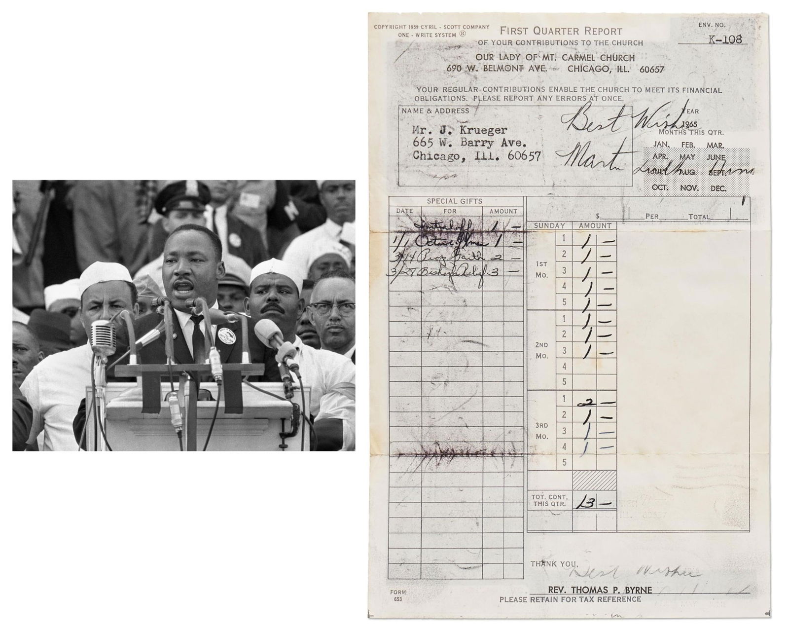 Martin Luther King Carbon Copy Signature on Church Donation Receipt (1 of 3)