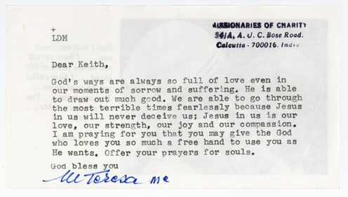 Mother Teresa Signed Letter: "God's ways are always so full of love"