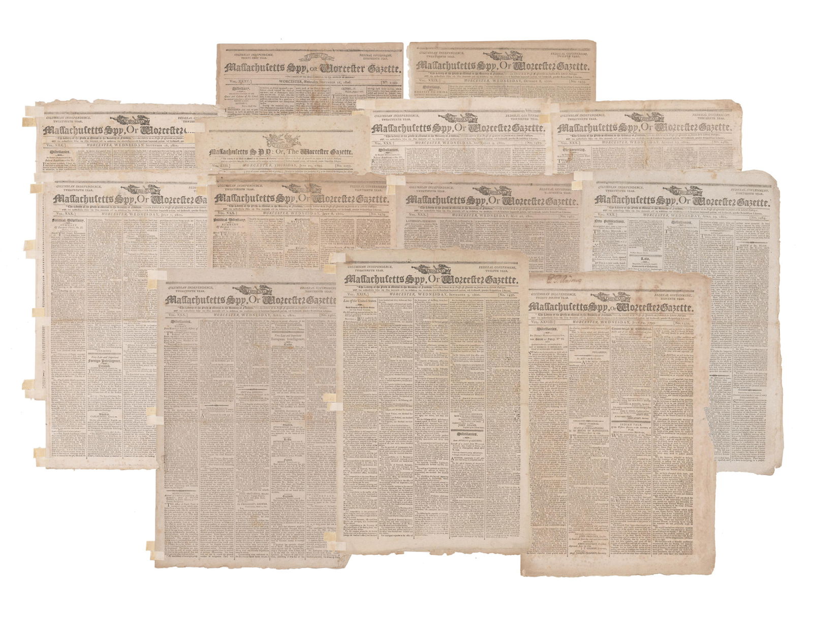 15 Issues of Thomas' Massachusetts Spy, 1793 to 1807: French Rev., Jefferson Election, Burr's (1 of 8)